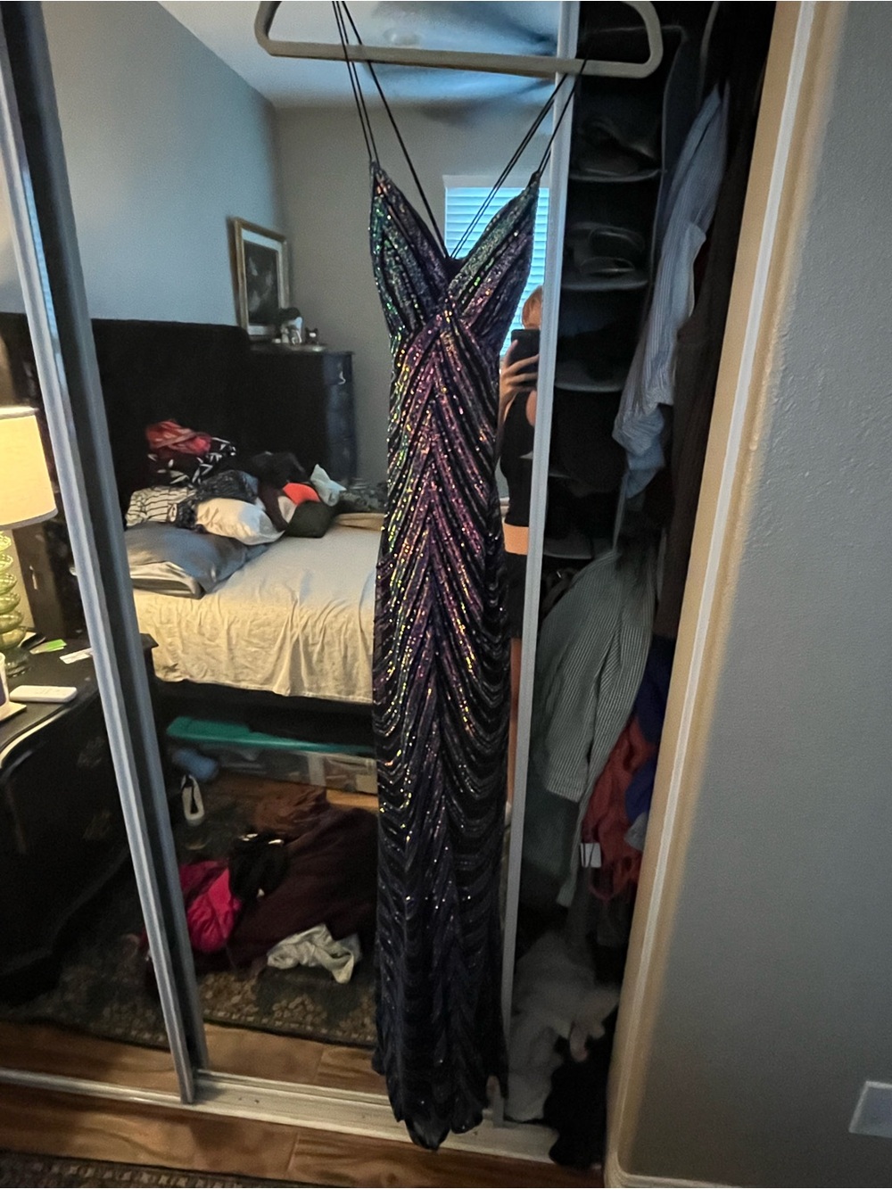 Macy's Navy and Purple Sequin Spaghetti-Strap Evening Gown